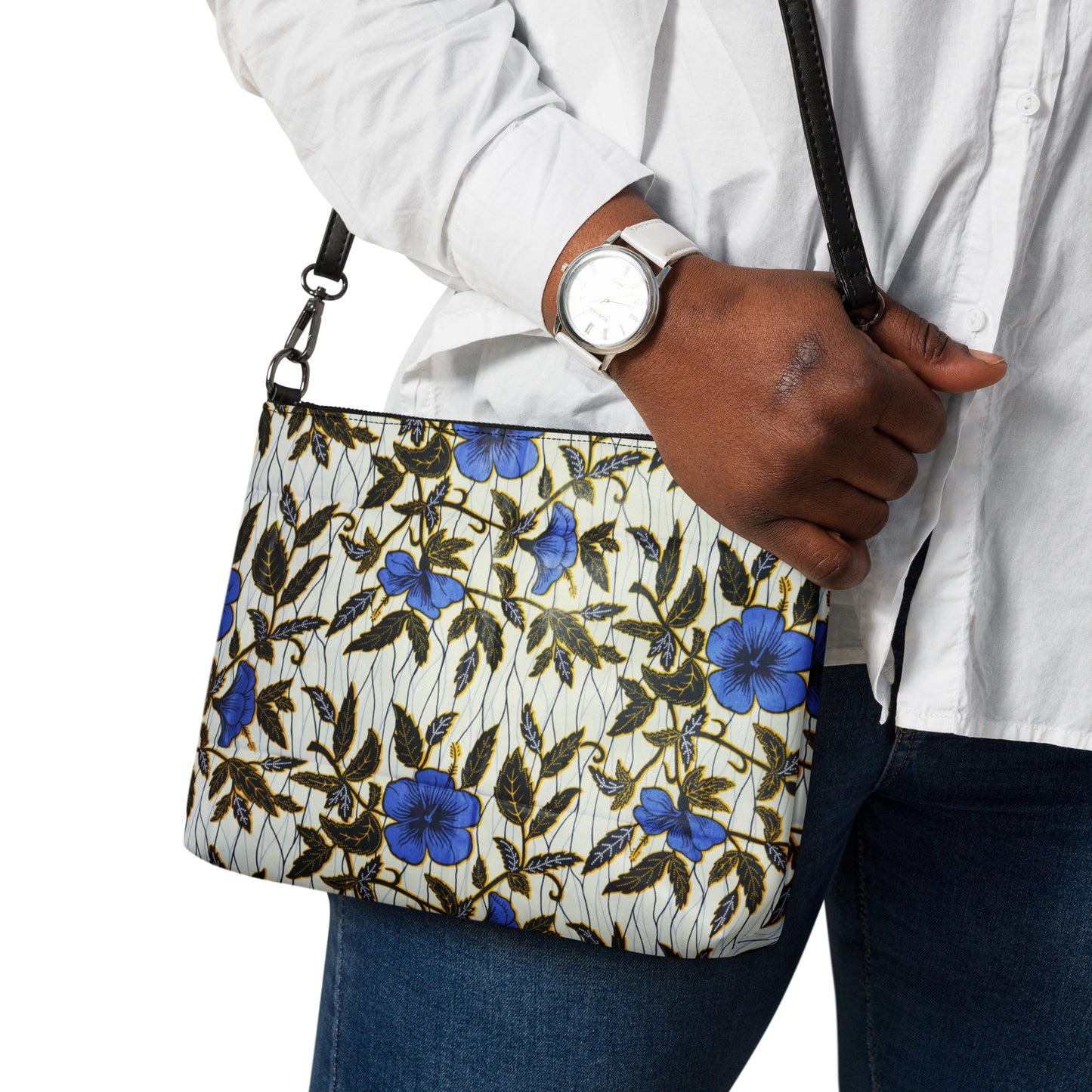 Cornflower Blue Leafy Ankara Crossbody Bag