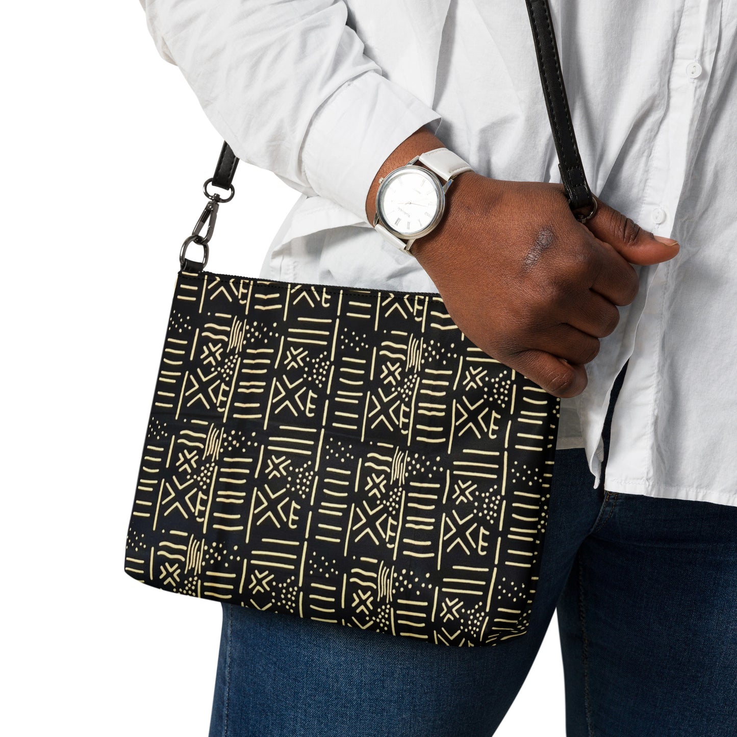 Cream & Black African Print Ankara Crossbody Bag