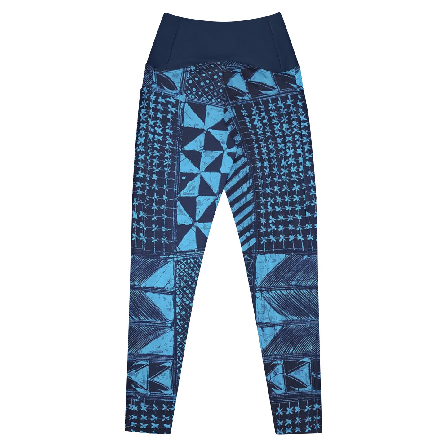 Black And Turquoise Shapes Adire Crossover Leggings With Pockets