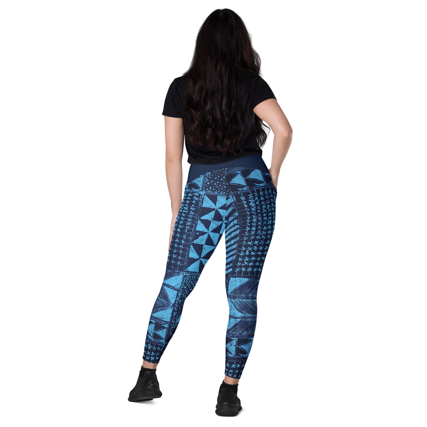 Black And Turquoise Shapes Adire Crossover Leggings With Pockets