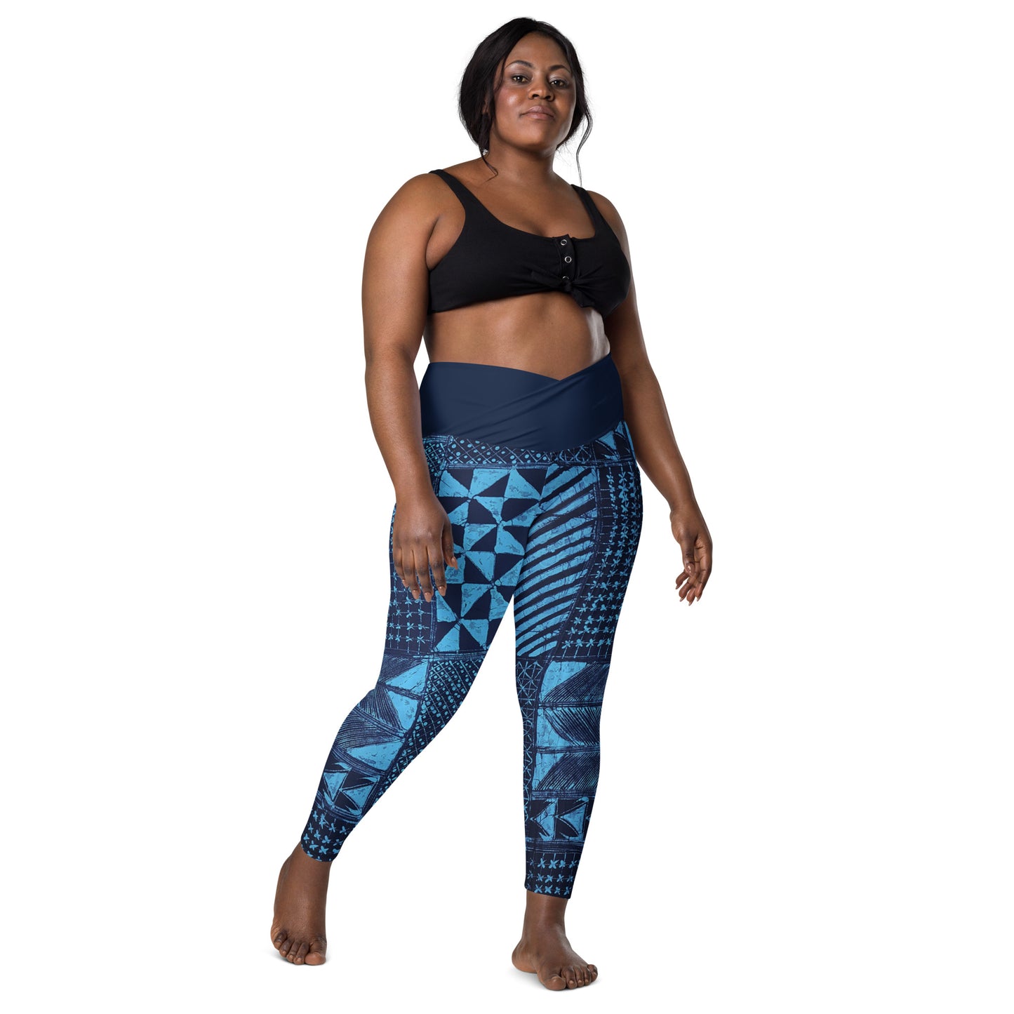 Black And Turquoise Shapes Adire Crossover Leggings With Pockets