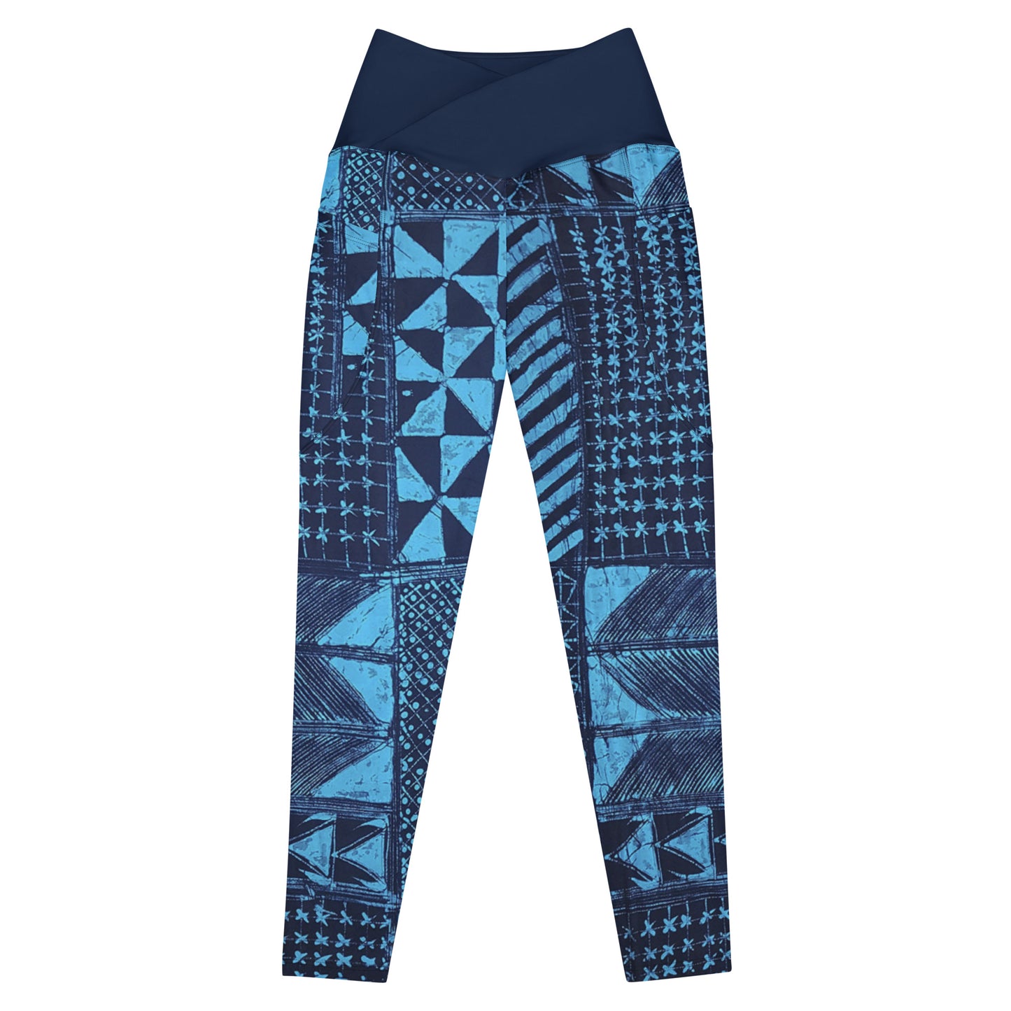 Black And Turquoise Shapes Adire Crossover Leggings With Pockets