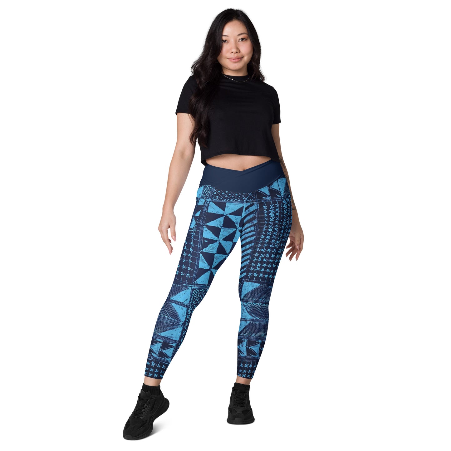 Black And Turquoise Shapes Adire Crossover Leggings With Pockets