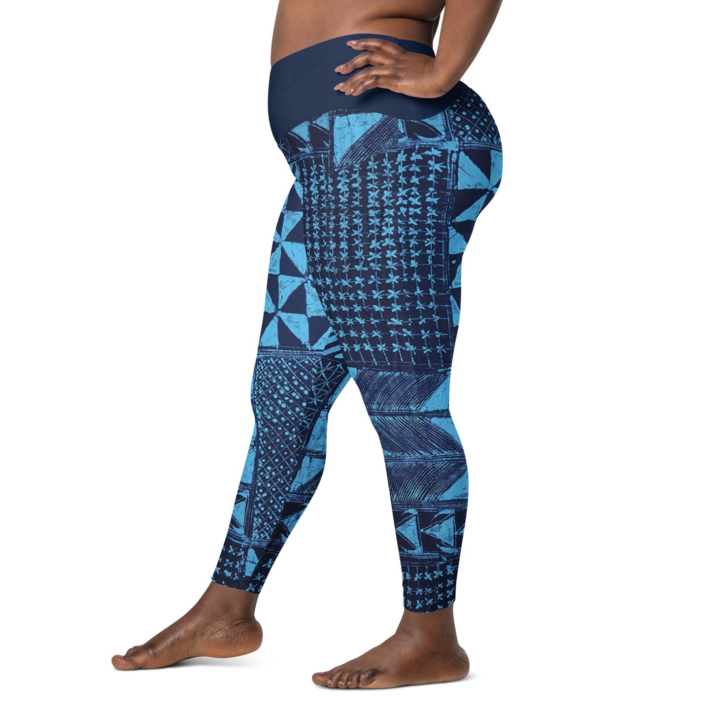 Black And Turquoise Shapes Adire Crossover Leggings With Pockets