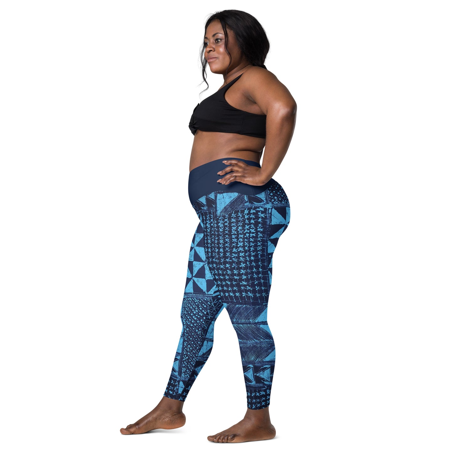 Black And Turquoise Shapes Adire Crossover Leggings With Pockets