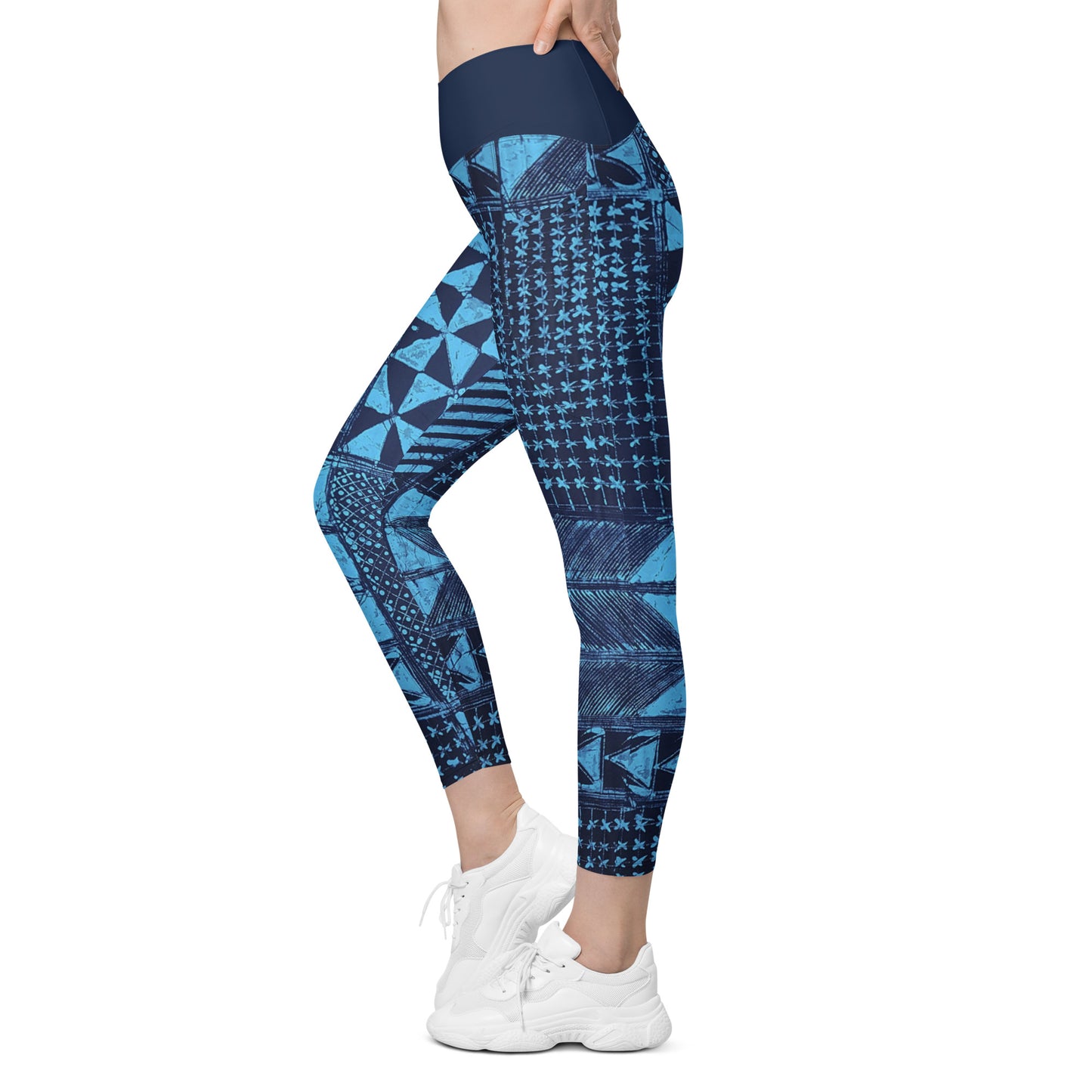 Black And Turquoise Shapes Adire Crossover Leggings With Pockets