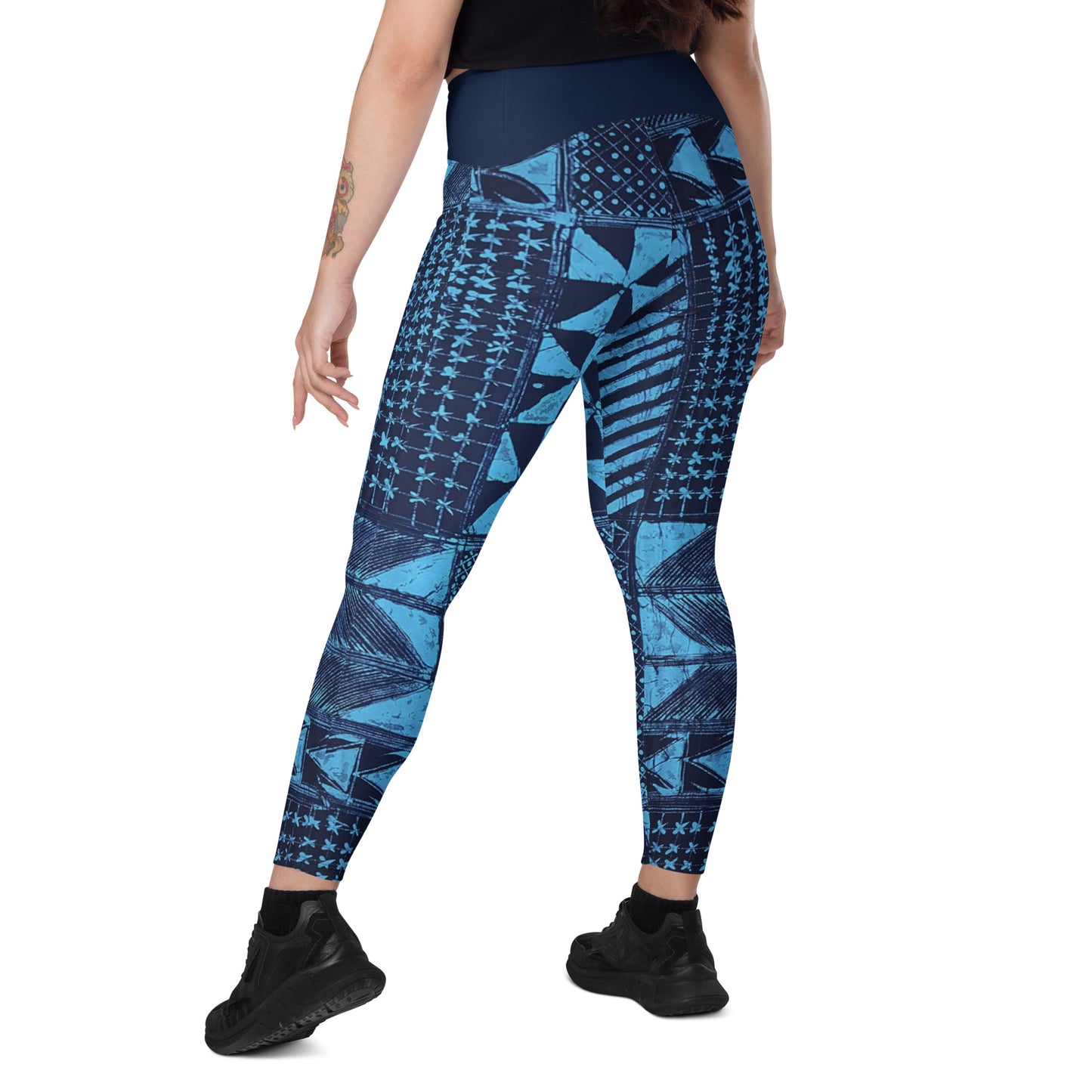 Black And Turquoise Shapes Adire Crossover Leggings With Pockets