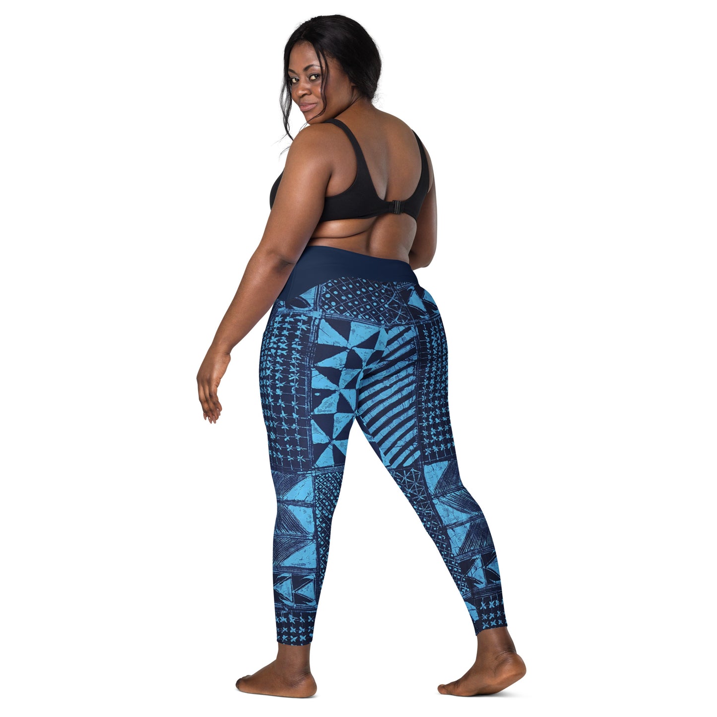 Black And Turquoise Shapes Adire Crossover Leggings With Pockets