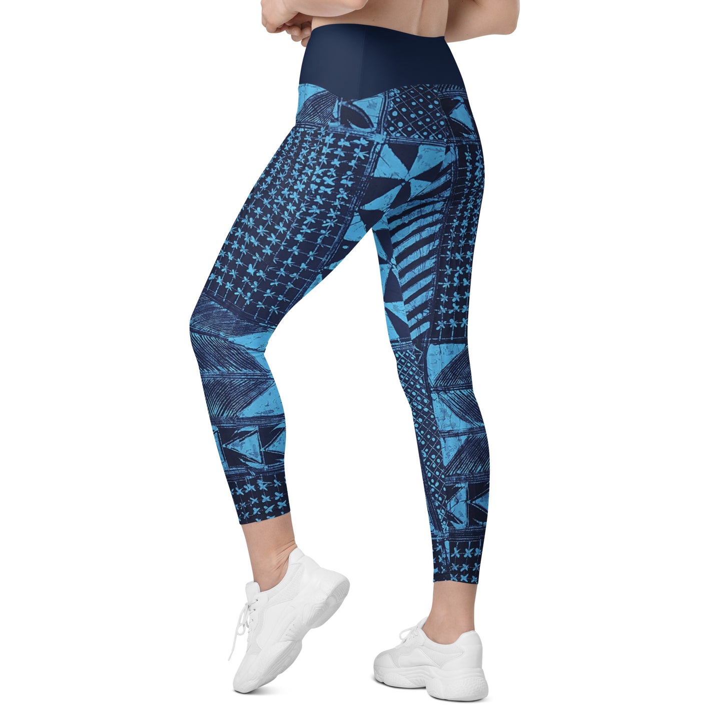 Black And Turquoise Shapes Adire Crossover Leggings With Pockets