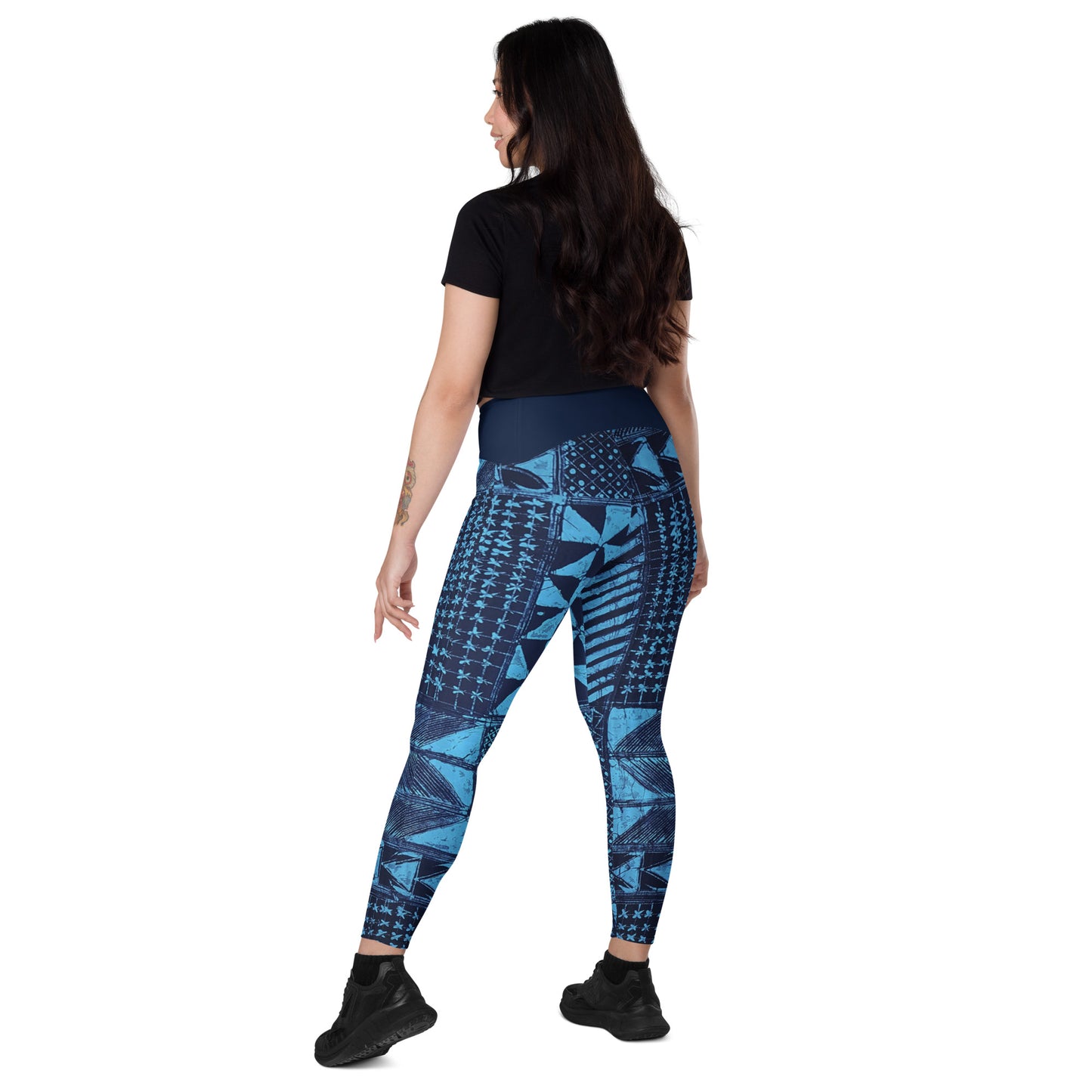 Black And Turquoise Shapes Adire Crossover Leggings With Pockets