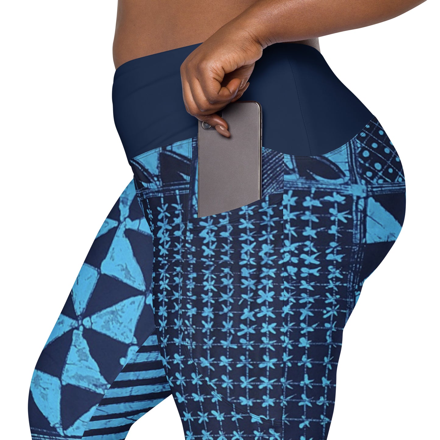 Black And Turquoise Shapes Adire Crossover Leggings With Pockets