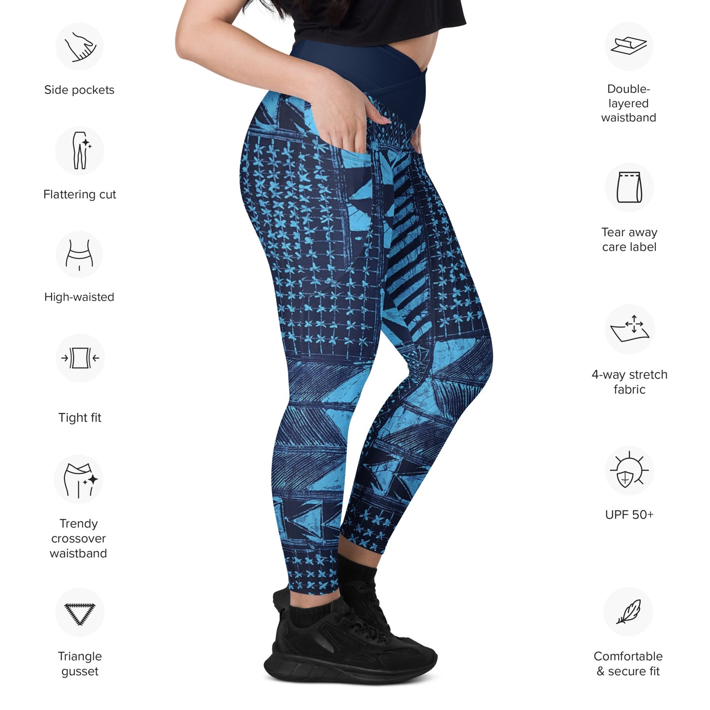 Black And Turquoise Shapes Adire Crossover Leggings With Pockets