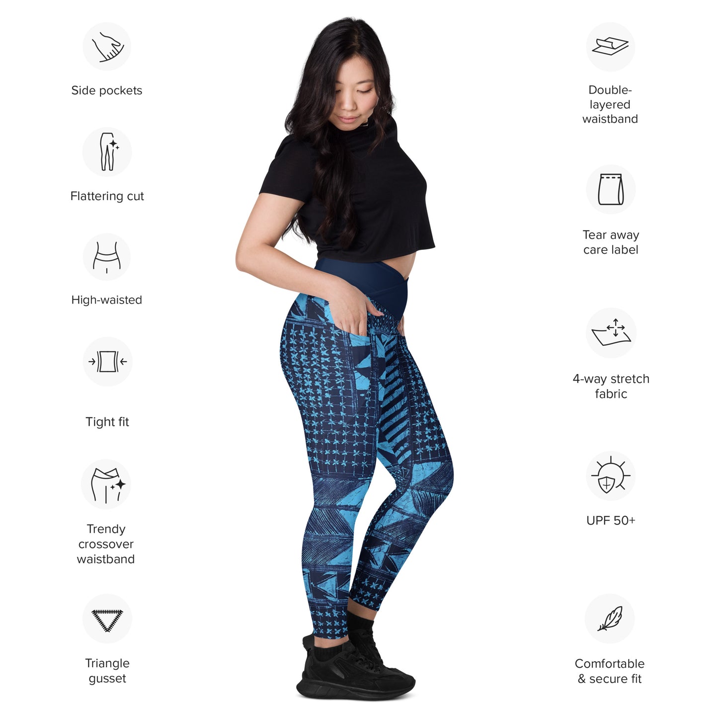 Black And Turquoise Shapes Adire Crossover Leggings With Pockets