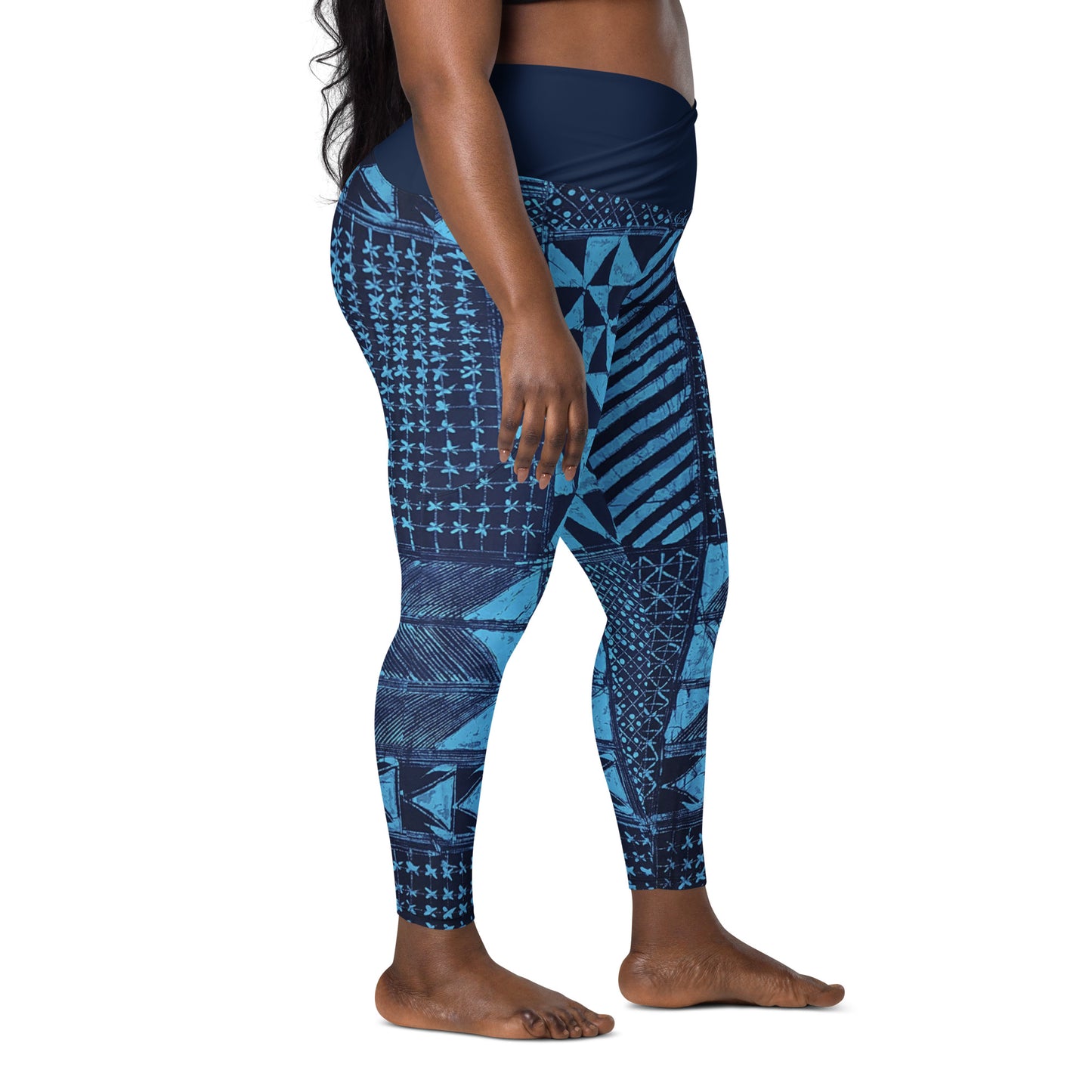 Black And Turquoise Shapes Adire Crossover Leggings With Pockets