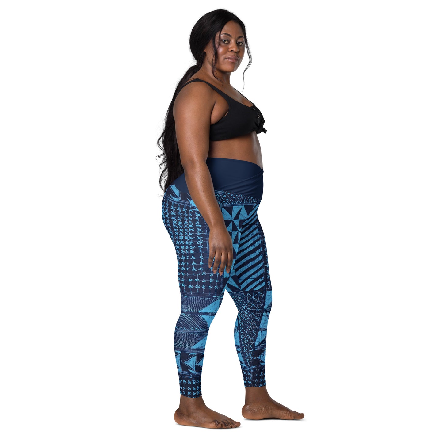 Black And Turquoise Shapes Adire Crossover Leggings With Pockets