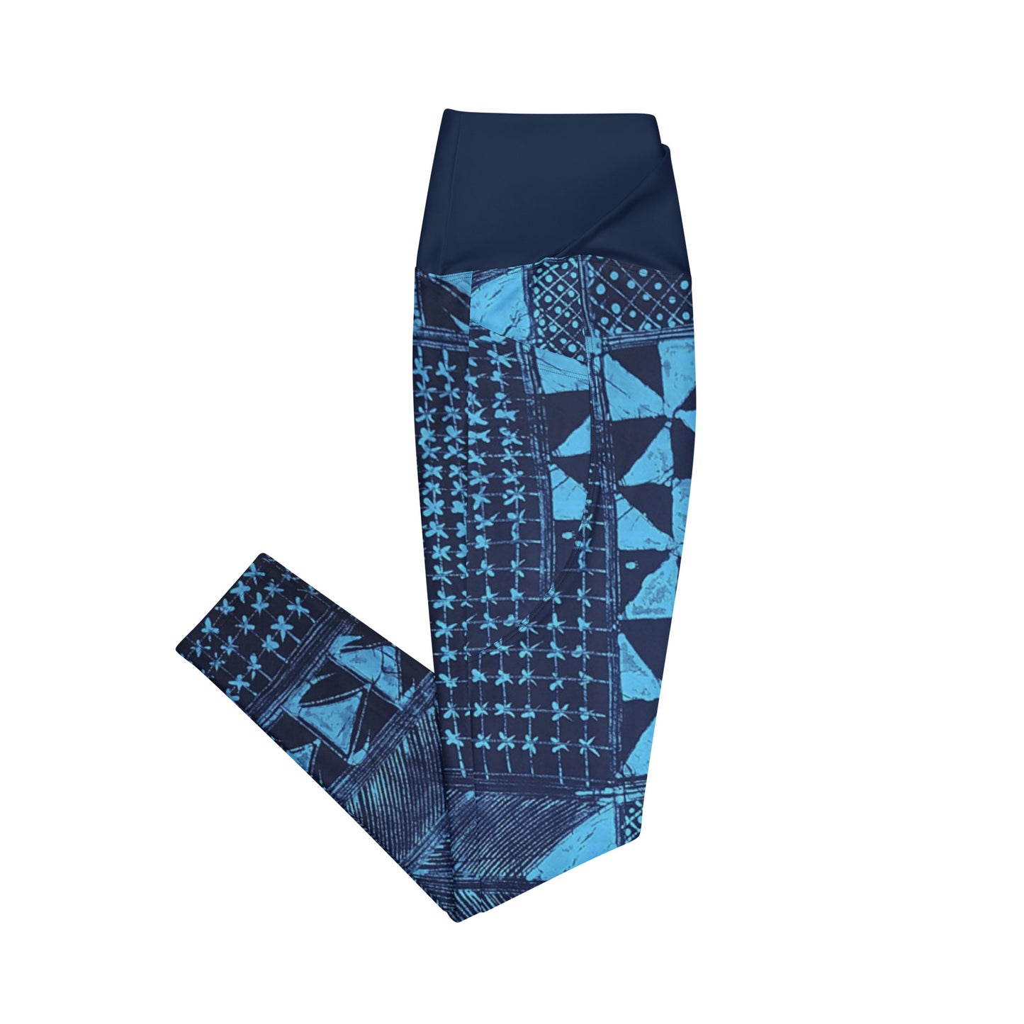 Black And Turquoise Shapes Adire Crossover Leggings With Pockets