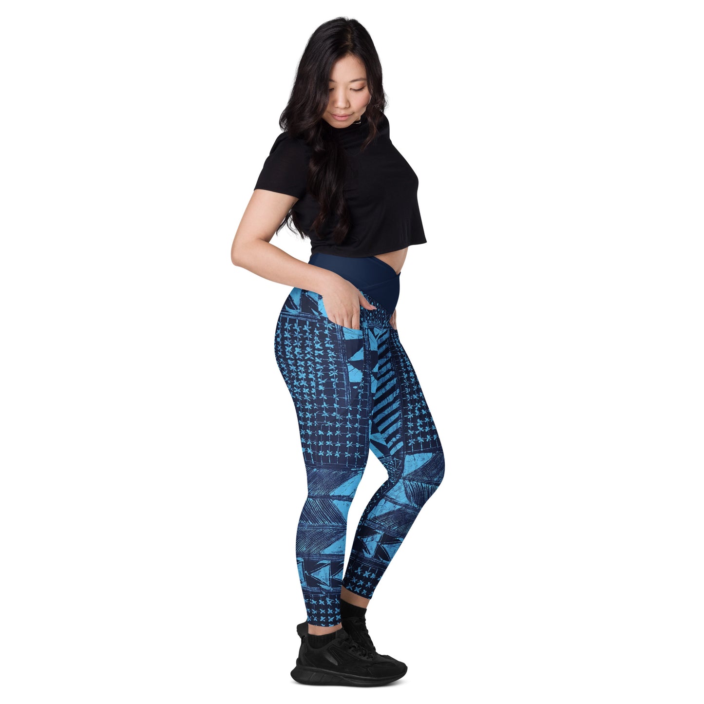 Black And Turquoise Shapes Adire Crossover Leggings With Pockets