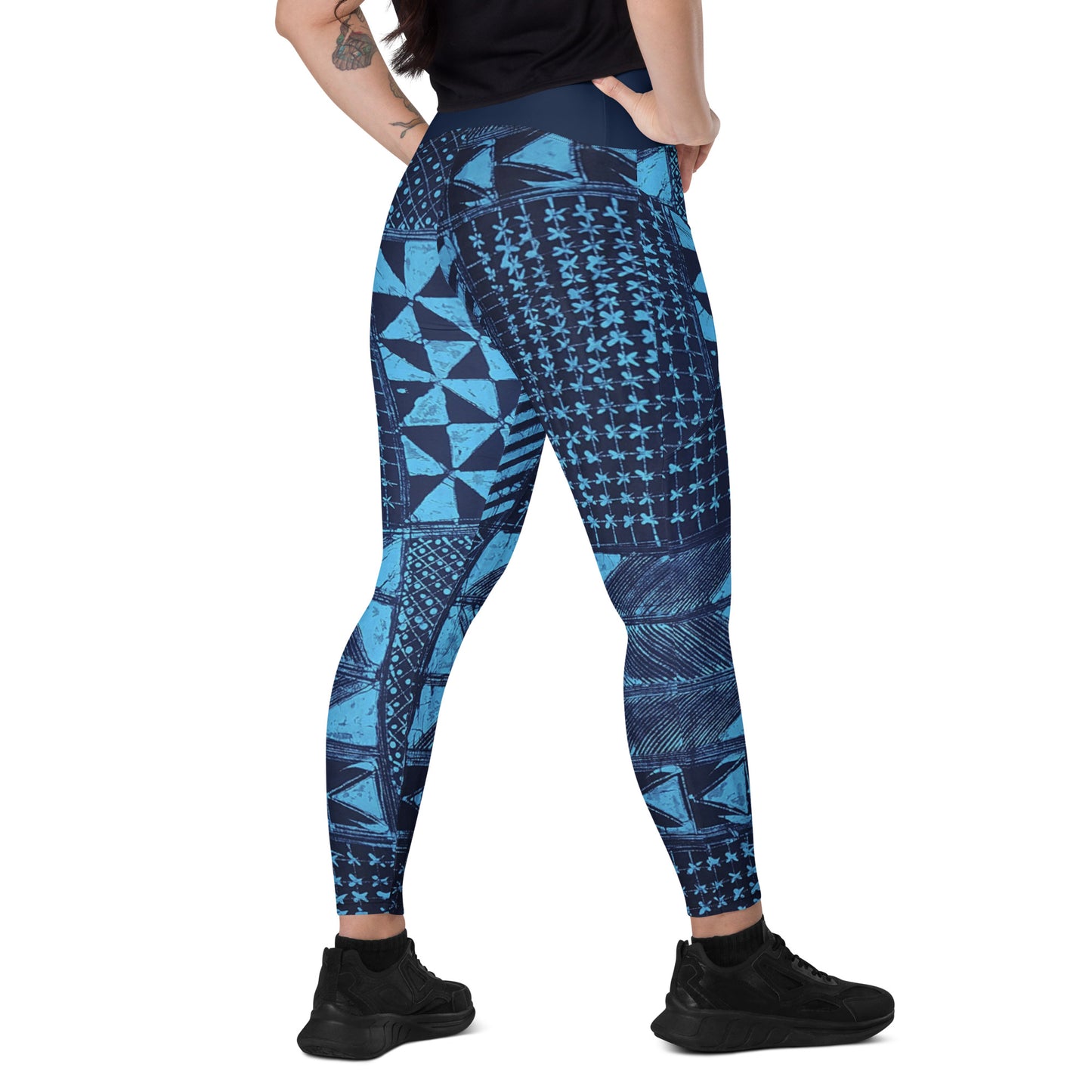 Black And Turquoise Shapes Adire Crossover Leggings With Pockets