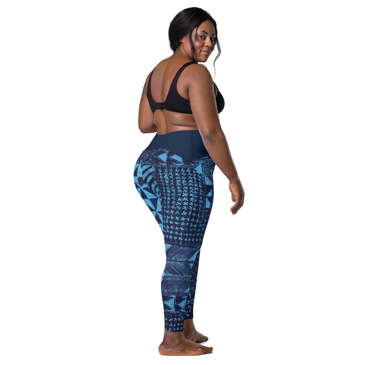 Black And Turquoise Shapes Adire Crossover Leggings With Pockets