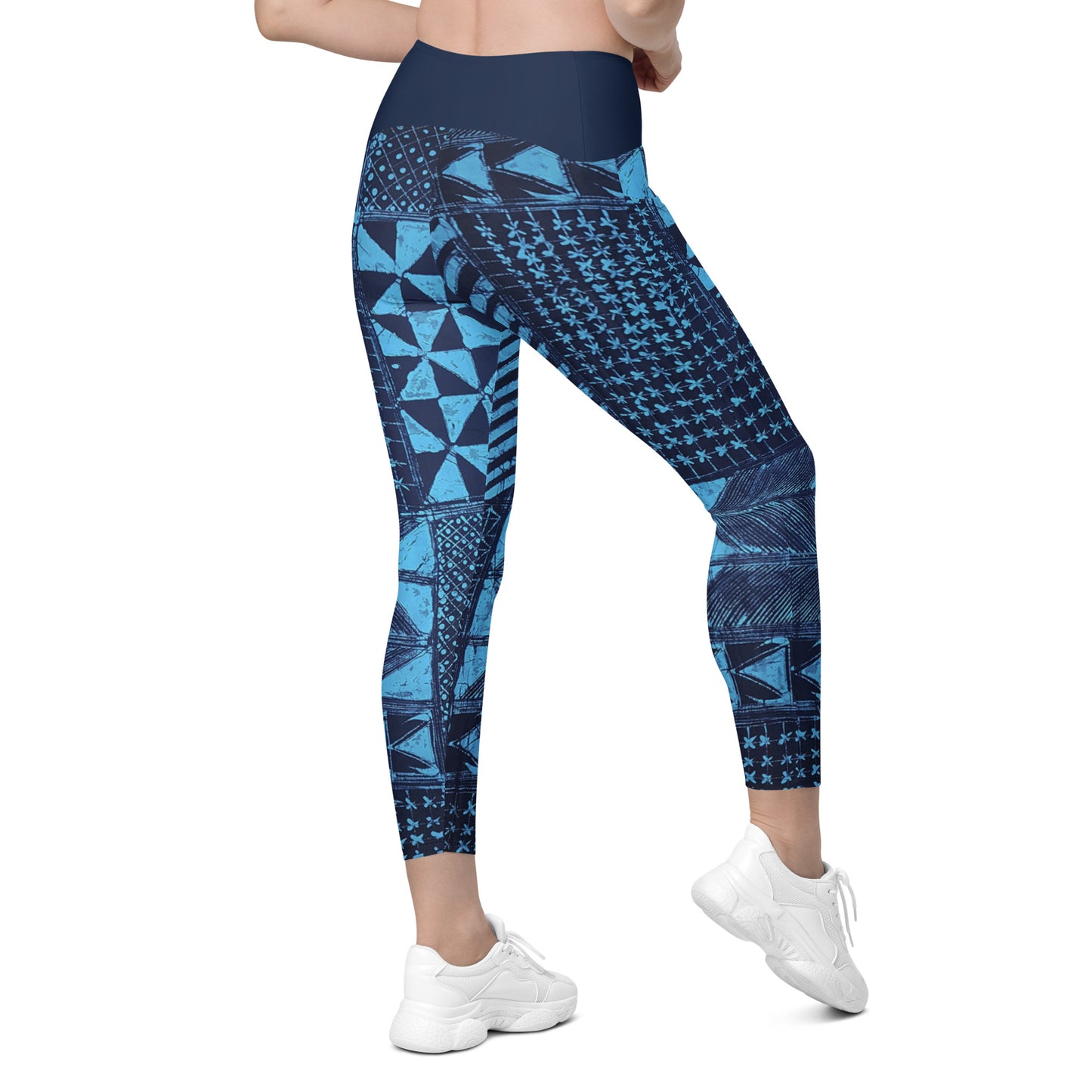 Black And Turquoise Shapes Adire Crossover Leggings With Pockets