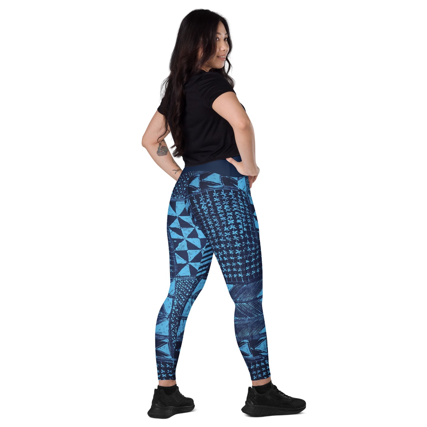 Black And Turquoise Shapes Adire Crossover Leggings With Pockets