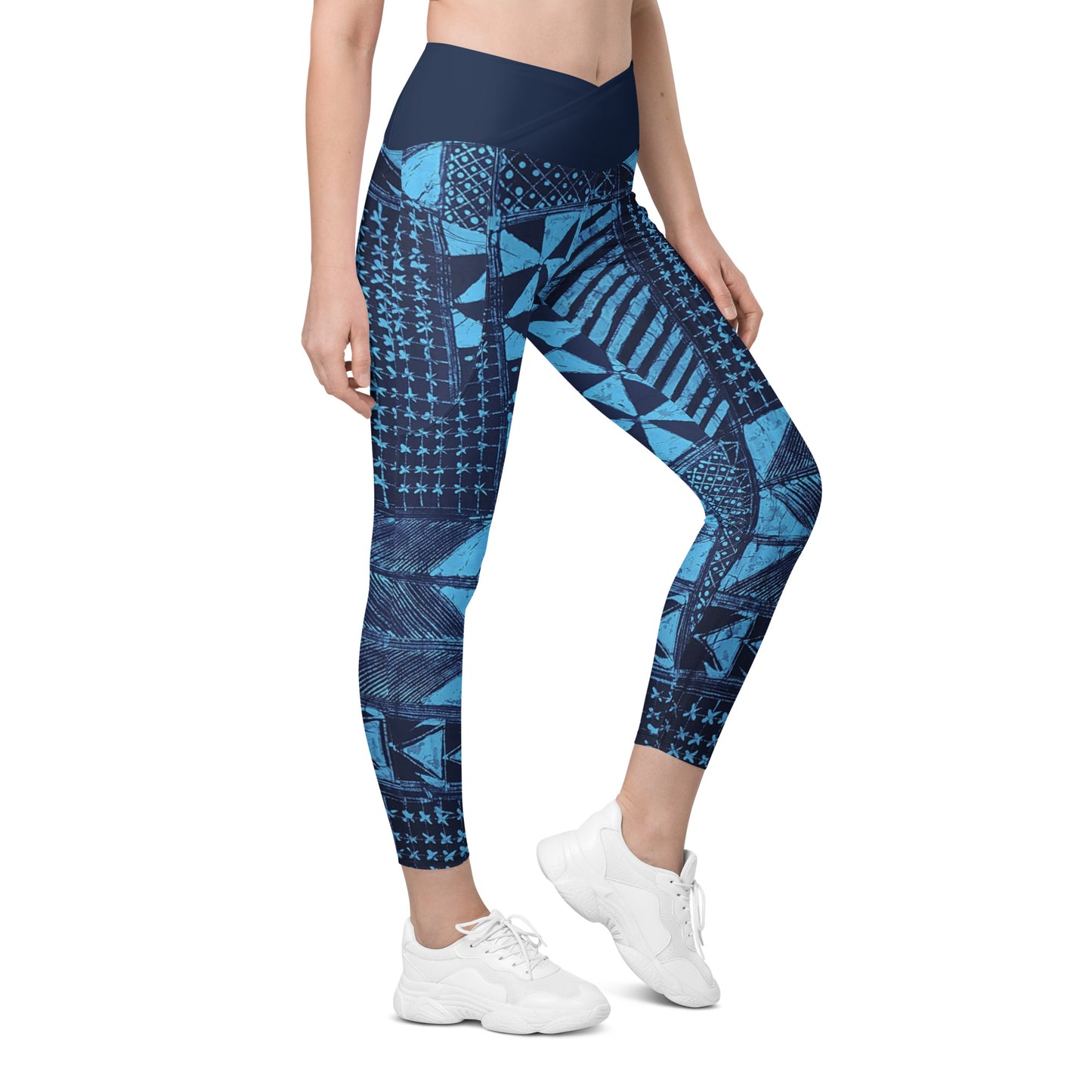 Black And Turquoise Shapes Adire Crossover Leggings With Pockets