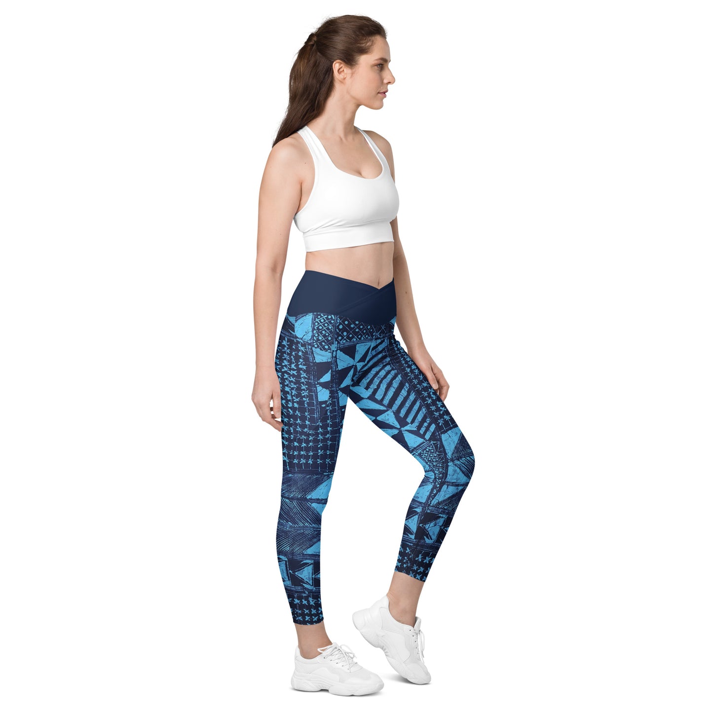 Black And Turquoise Shapes Adire Crossover Leggings With Pockets