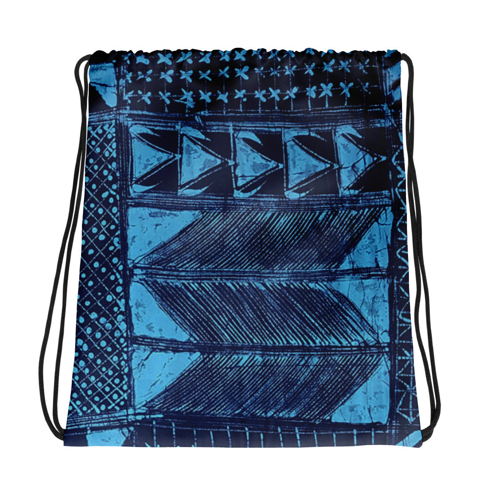 Black And Turquoise Shapes Adire Drawstring Bag