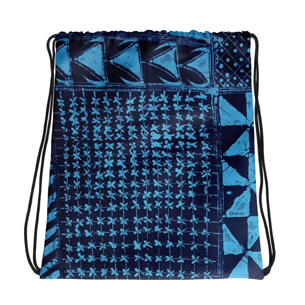 Black And Turquoise Shapes Adire Drawstring Bag