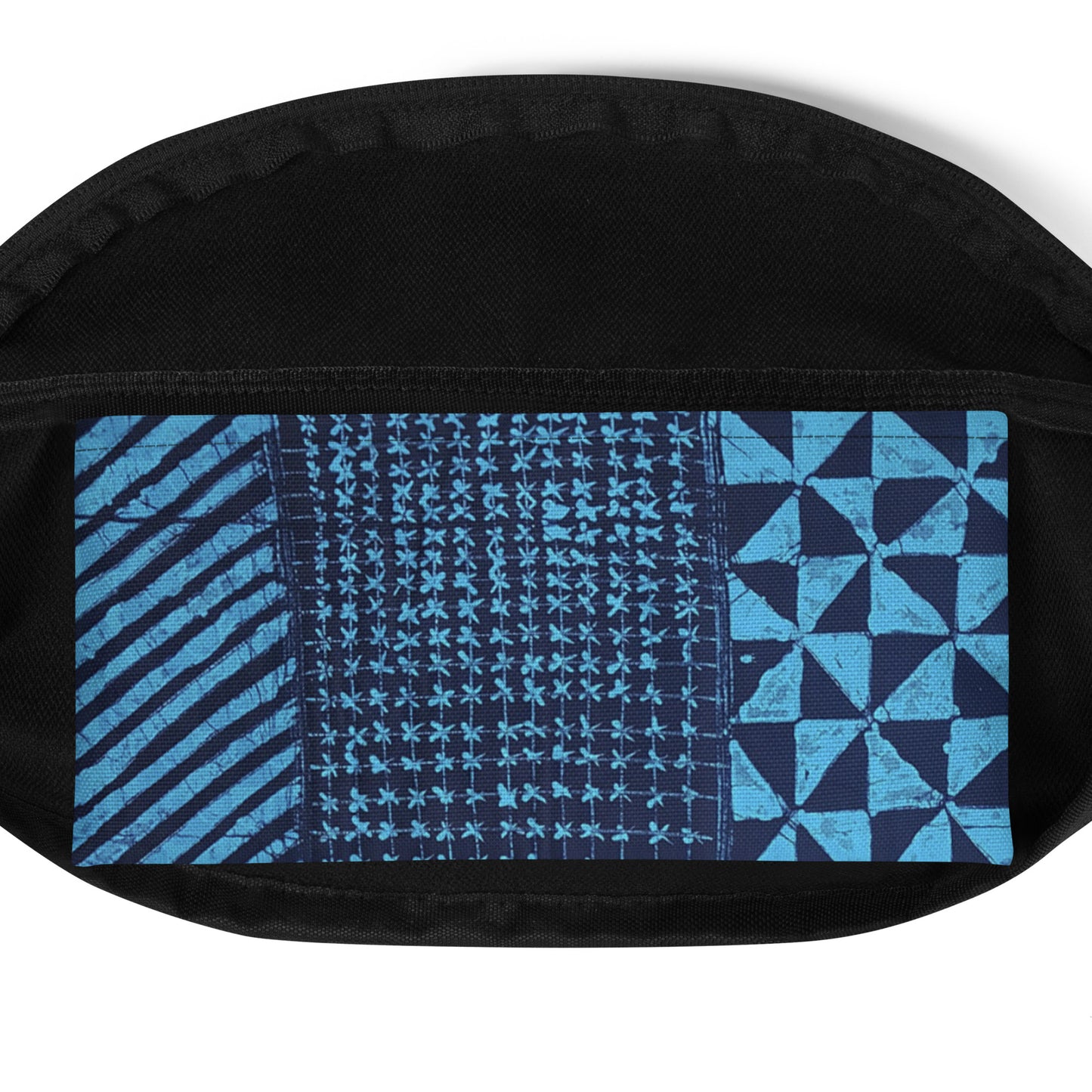 Black And Turquoise Shapes Adire Fanny Pack