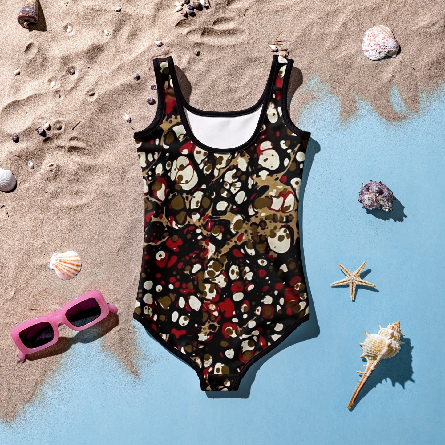 Red Abstract Adire Kids Swimsuit