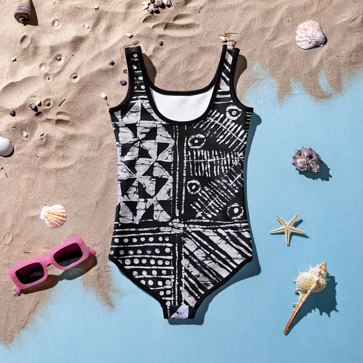 Monochrome Abstract Adire Kids Swimsuit