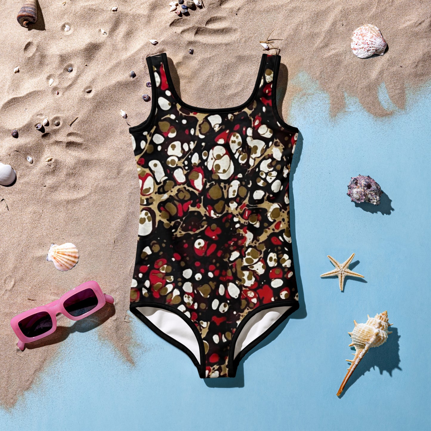 Red Abstract Adire Kids Swimsuit