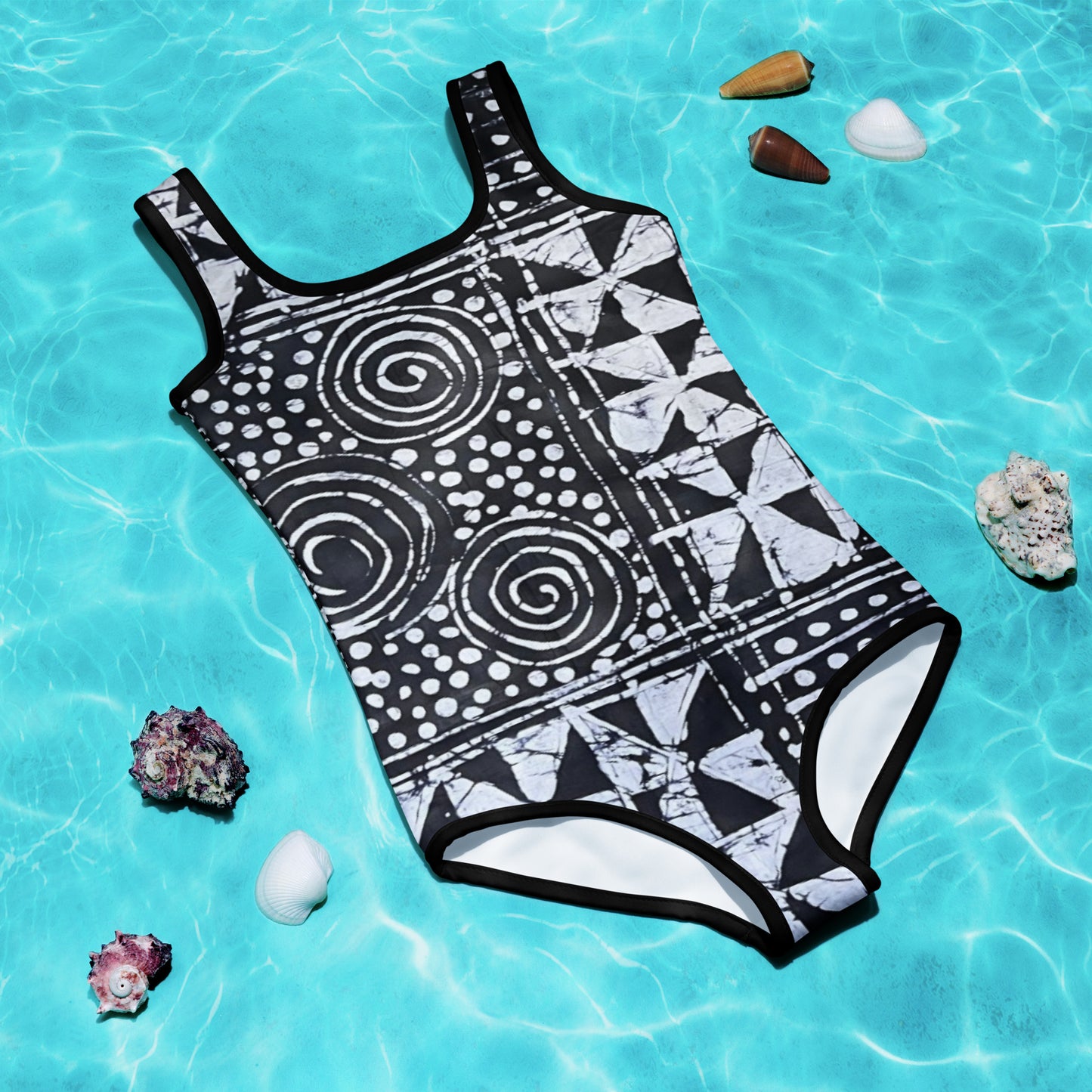 Monochrome Abstract Adire Kids Swimsuit