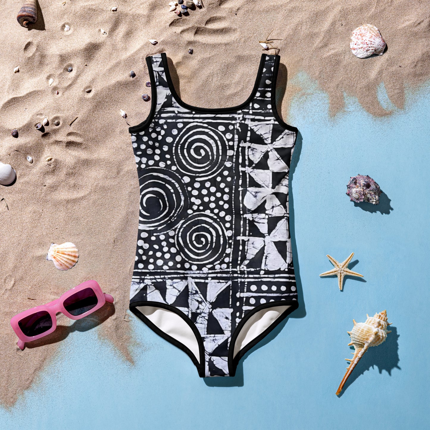 Monochrome Abstract Adire Kids Swimsuit