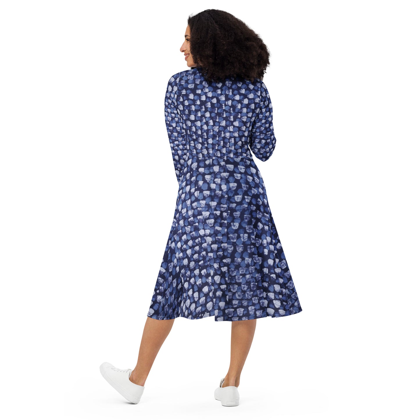 Blue Dotted Adire Long Sleeve Midi Dress