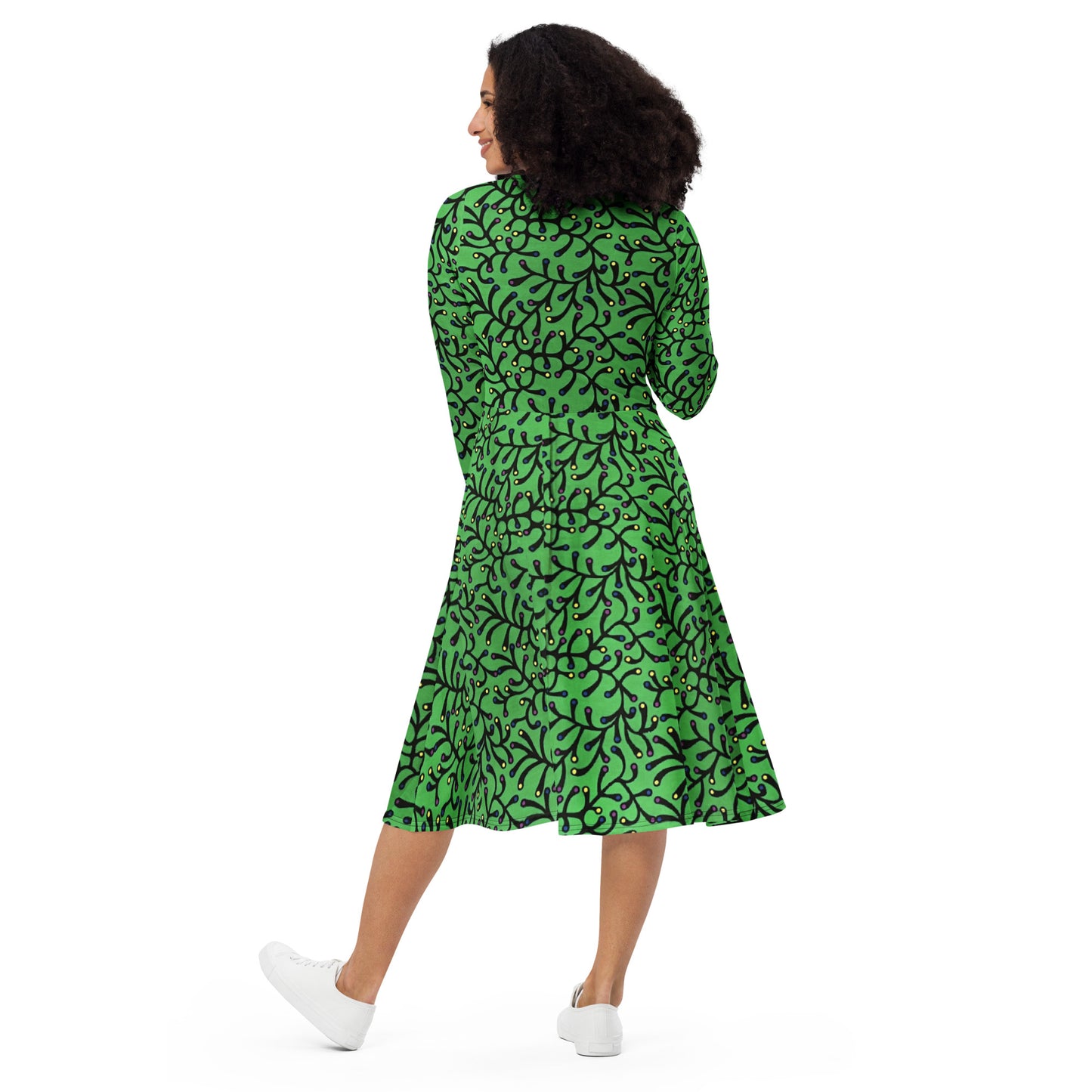 Vibrant Green And Yellow Polka Dots African Print Ankara Long Sleeve Midi Dress