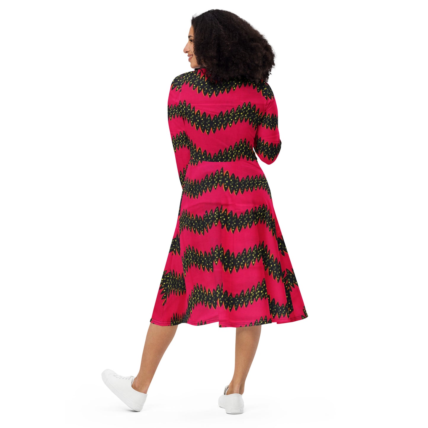 Pink Black Yellow Ankara Long Sleeve Midi Dress