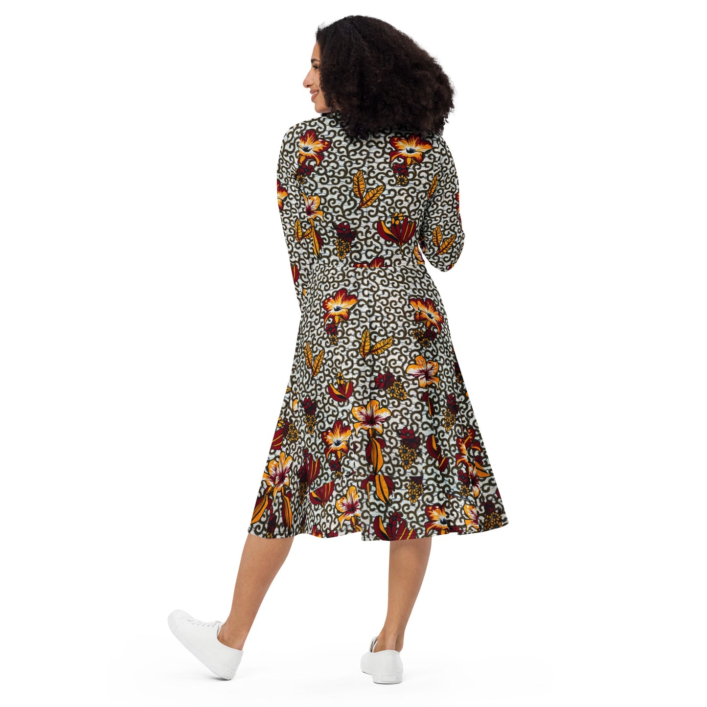 Red Yellow Black & White Bogolan Ankara Long Sleeve Midi Dress