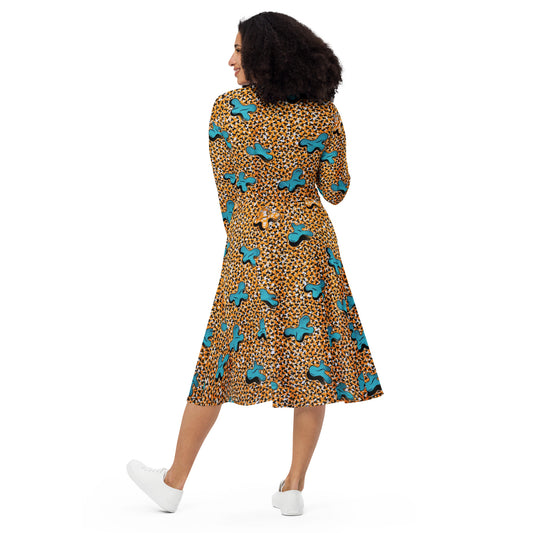 Sky Blue & Pale Orange Ankara Long Sleeve Midi Dress