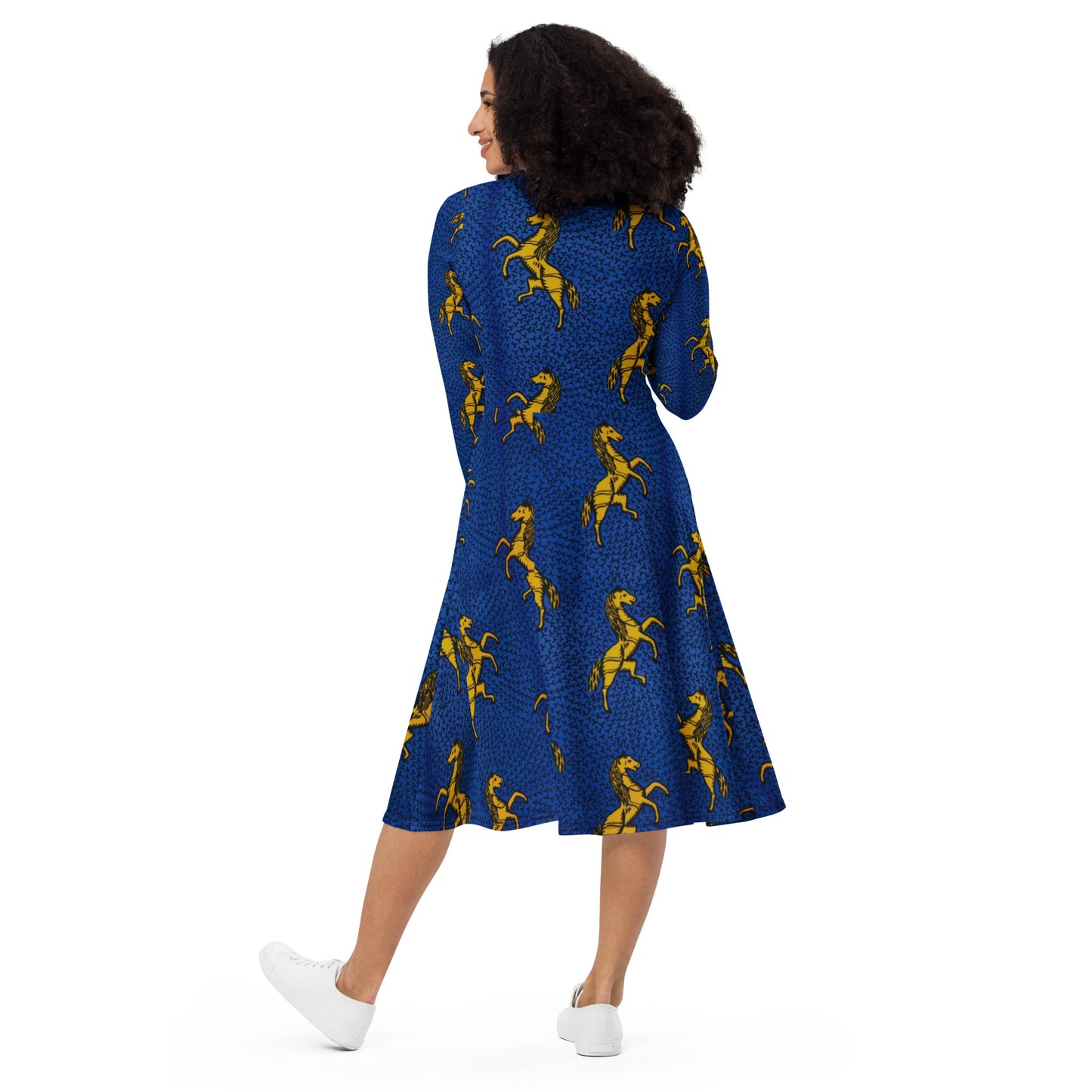 Yellow Horses On Blue Ankara Long Sleeve Midi Dress