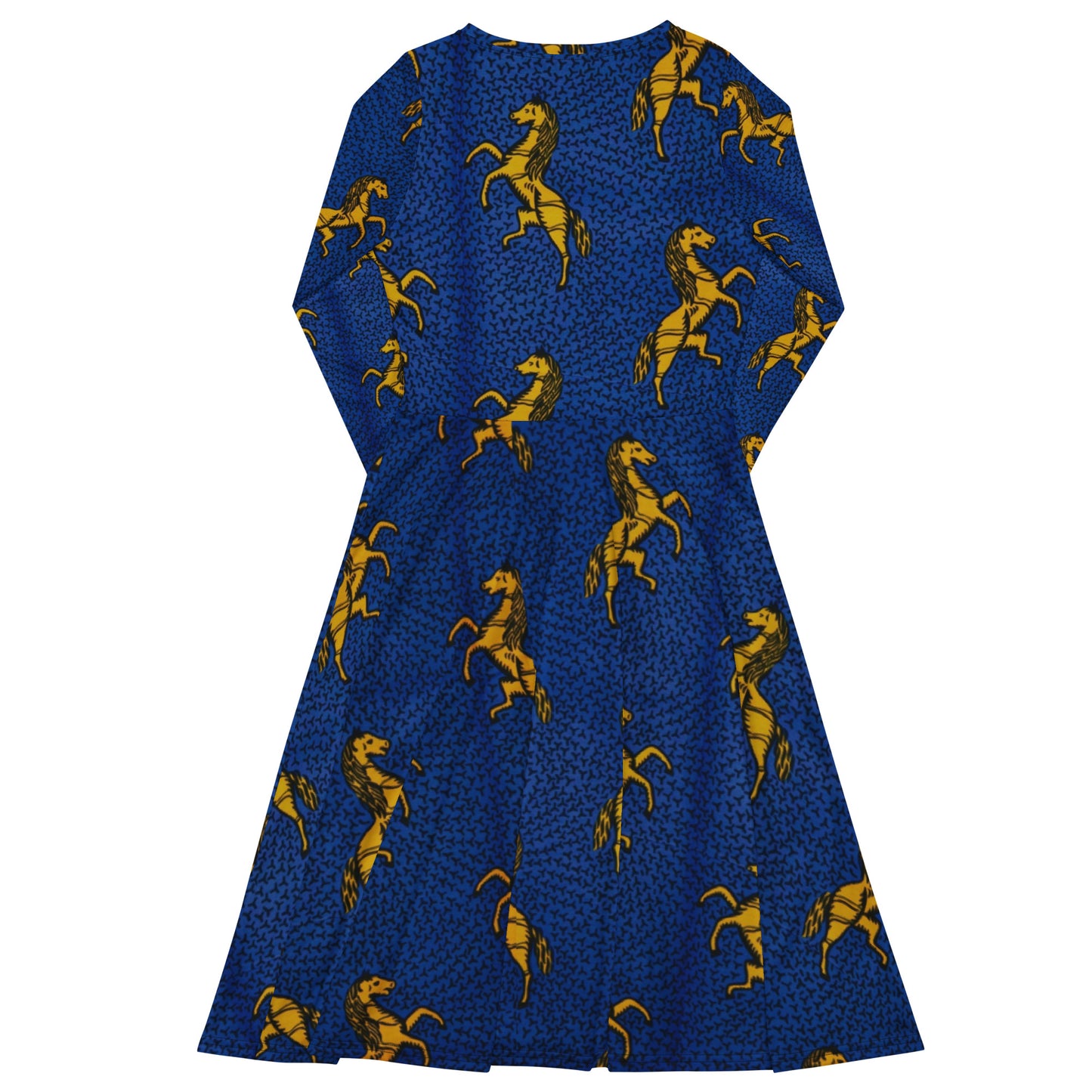 Yellow Horses On Blue Ankara Long Sleeve Midi Dress