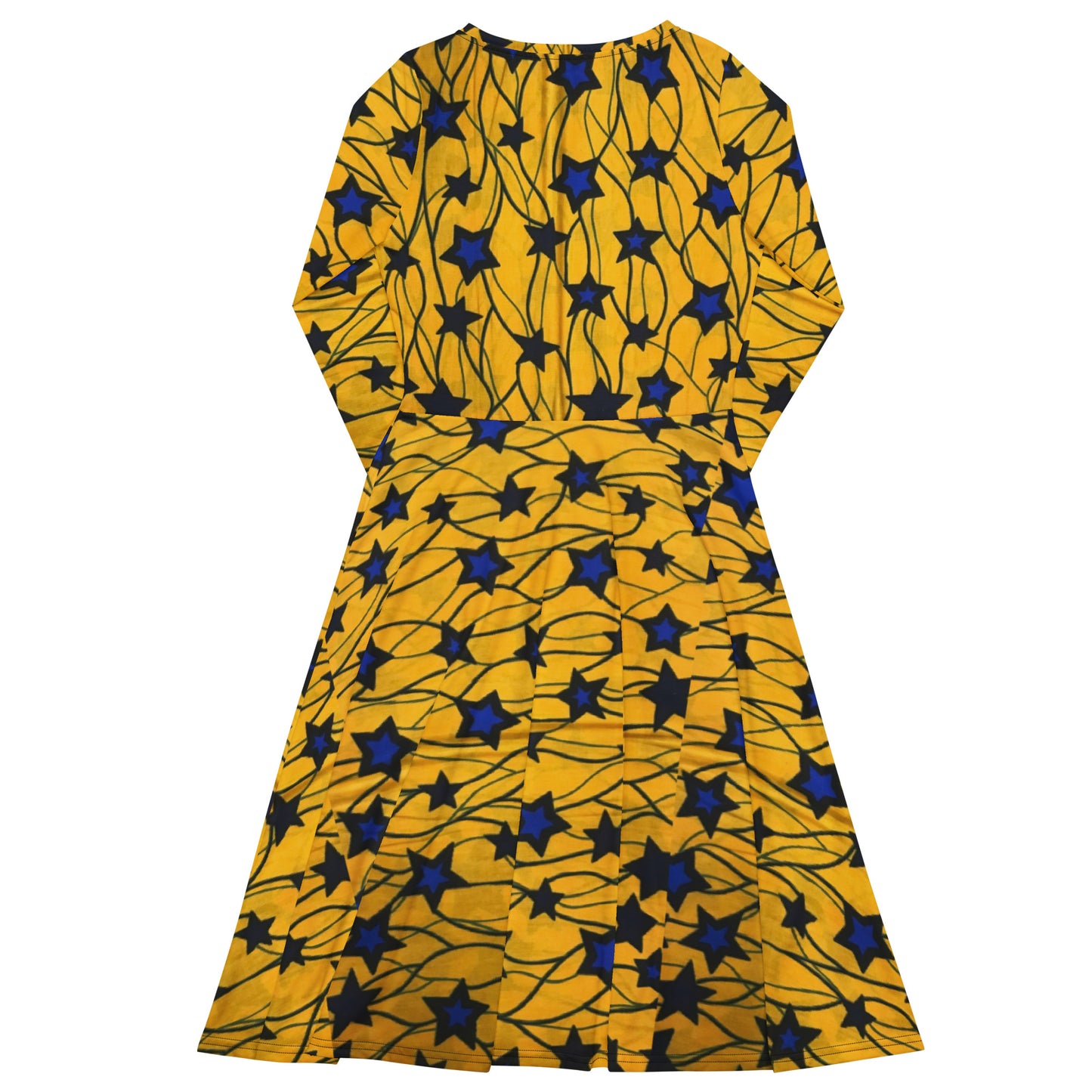 Yellow Blue Star Ankara Long Sleeve Midi Dress