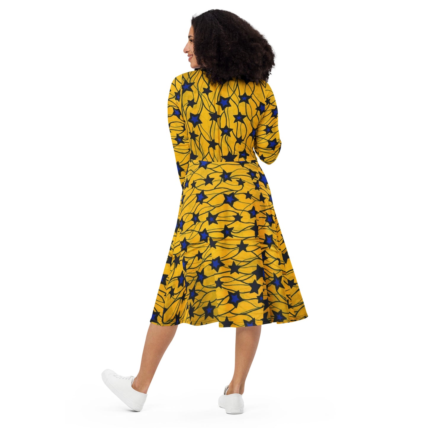 Yellow Blue Star Ankara Long Sleeve Midi Dress