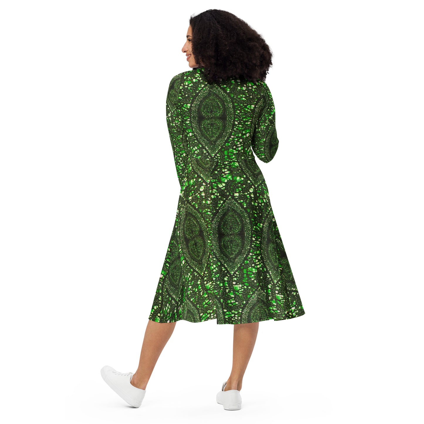 Green Peas Ankara Long Sleeve Midi Dress