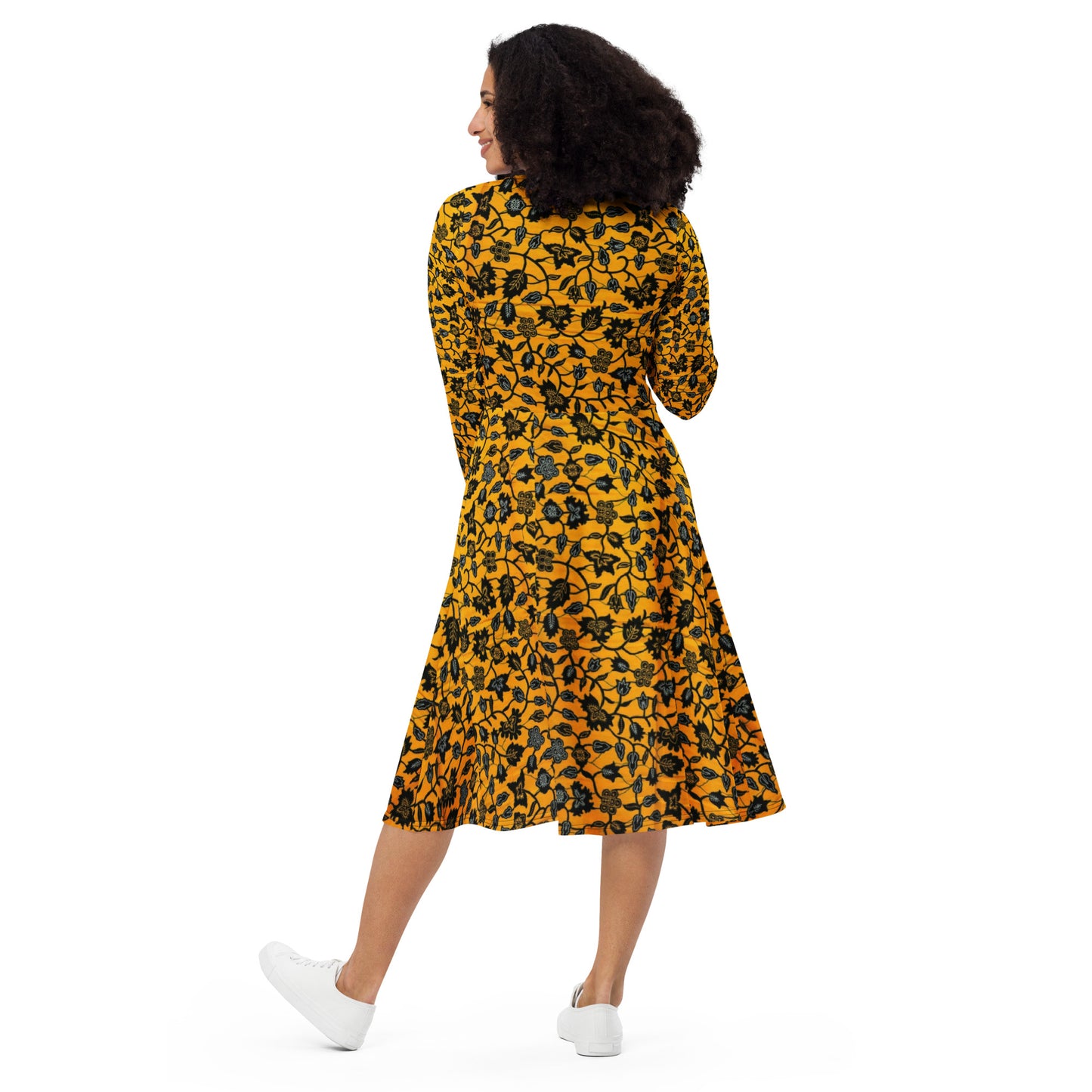 Yellow & Leaves Ankara Long Sleeve Midi Dress