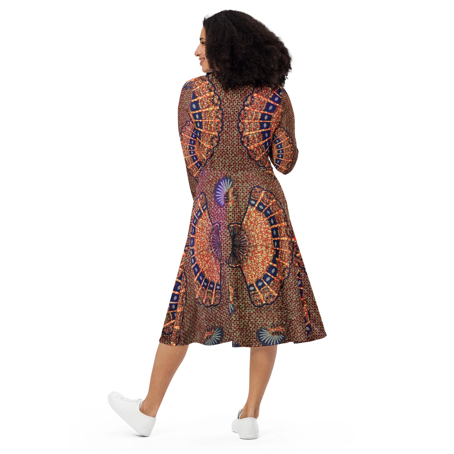 Navy On Peach Shells Ankara Long Sleeve Midi Dress