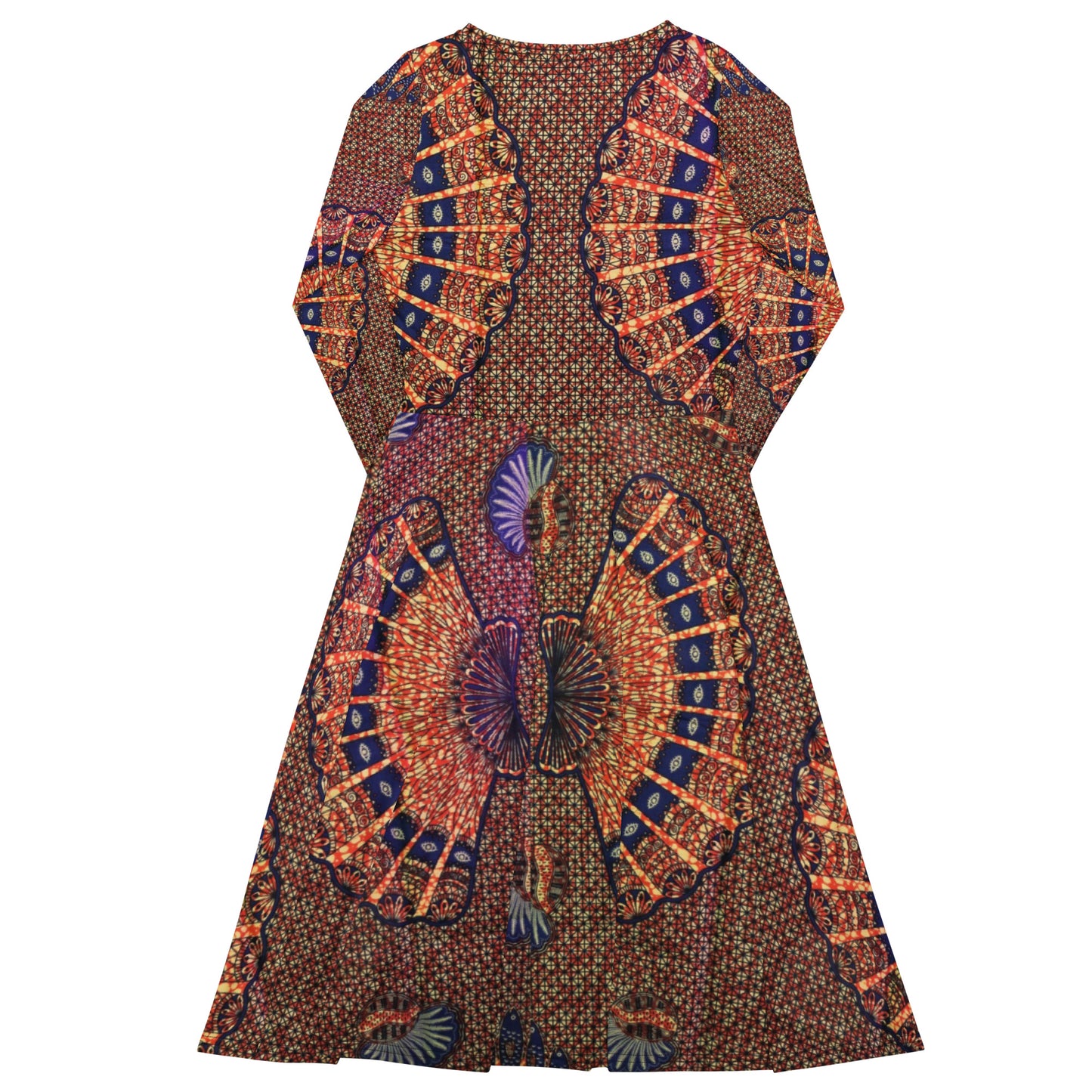 Navy On Peach Shells Ankara Long Sleeve Midi Dress