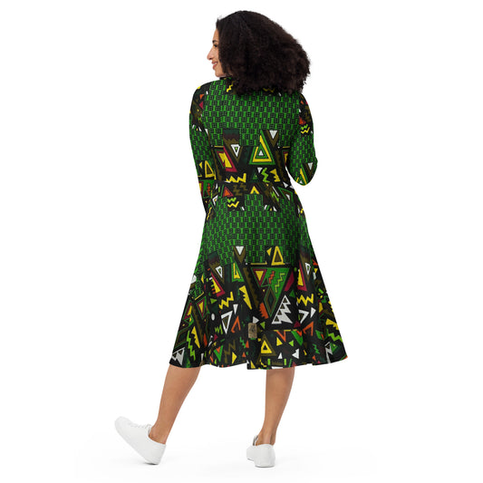 Vibrant Multicolour Green Black Yellow Red Ethnic Ankara Long Sleeve Midi Dress