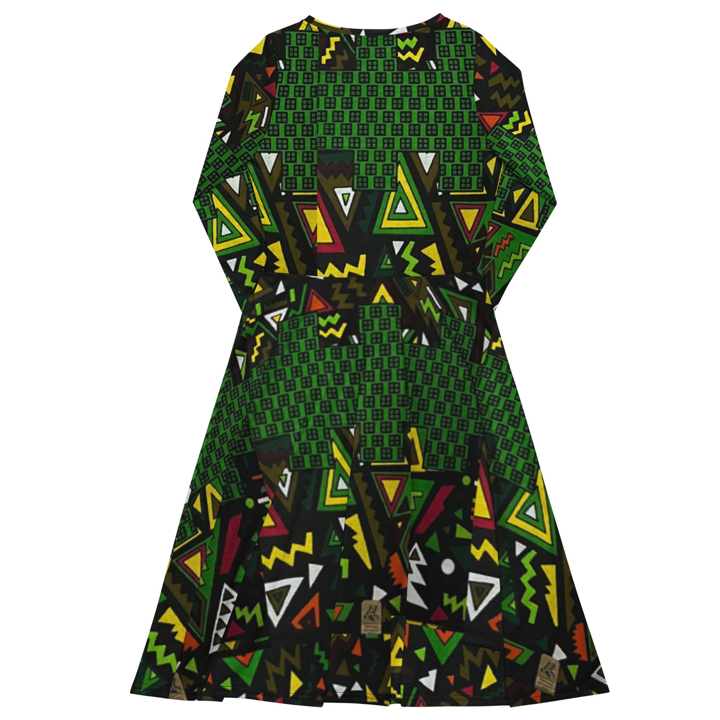 Vibrant Multicolour Green Black Yellow Red Ethnic Ankara Long Sleeve Midi Dress